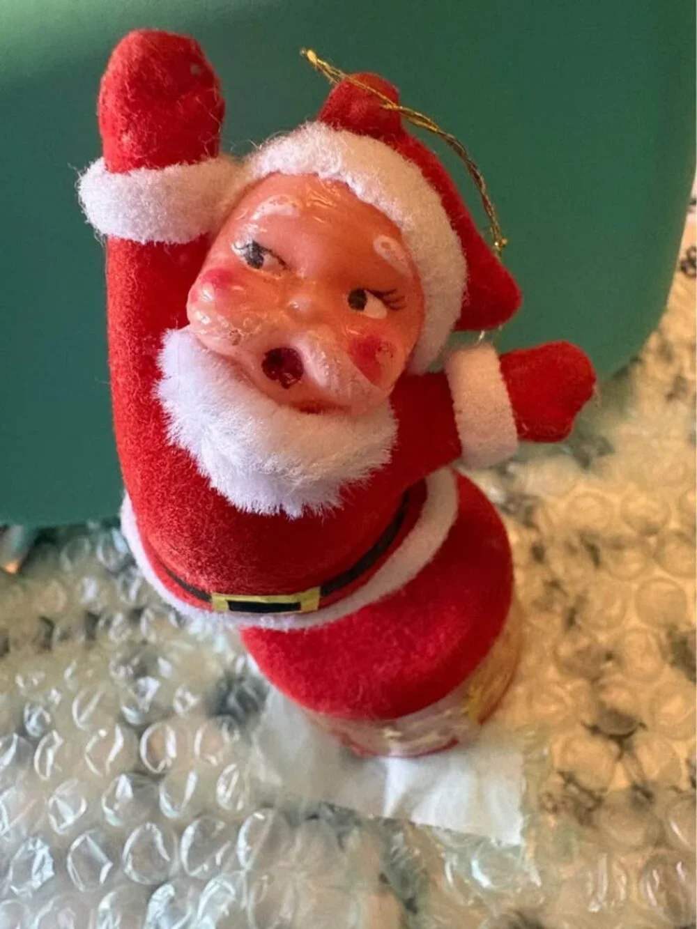 vintage flocked dancing Santa Christmas ornament. 1950